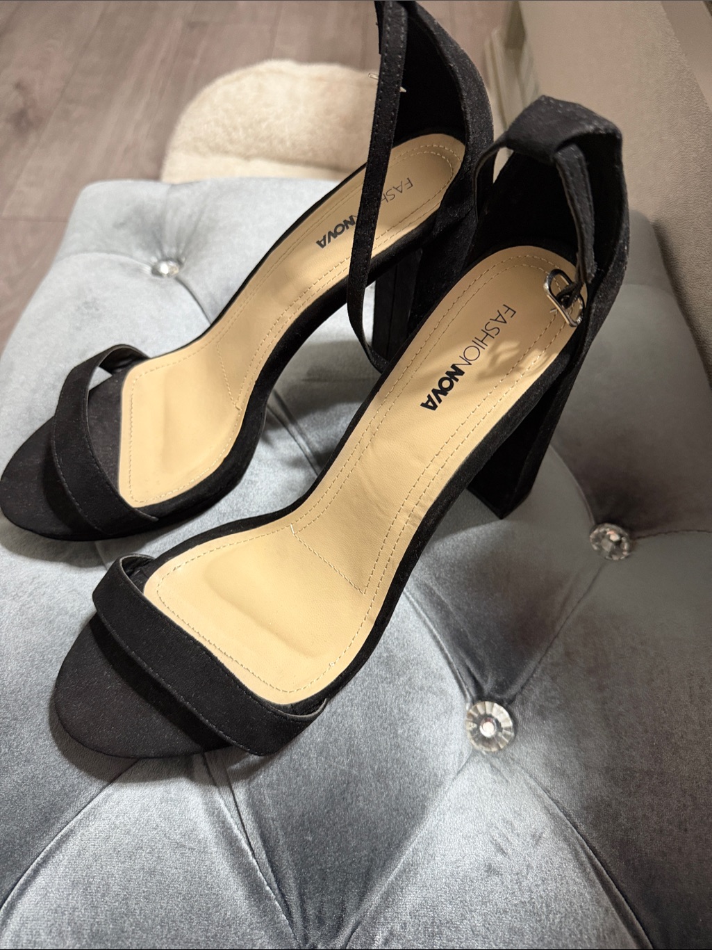 Fashion Nova Black Suede Block Heel Ankle Strap Sandals